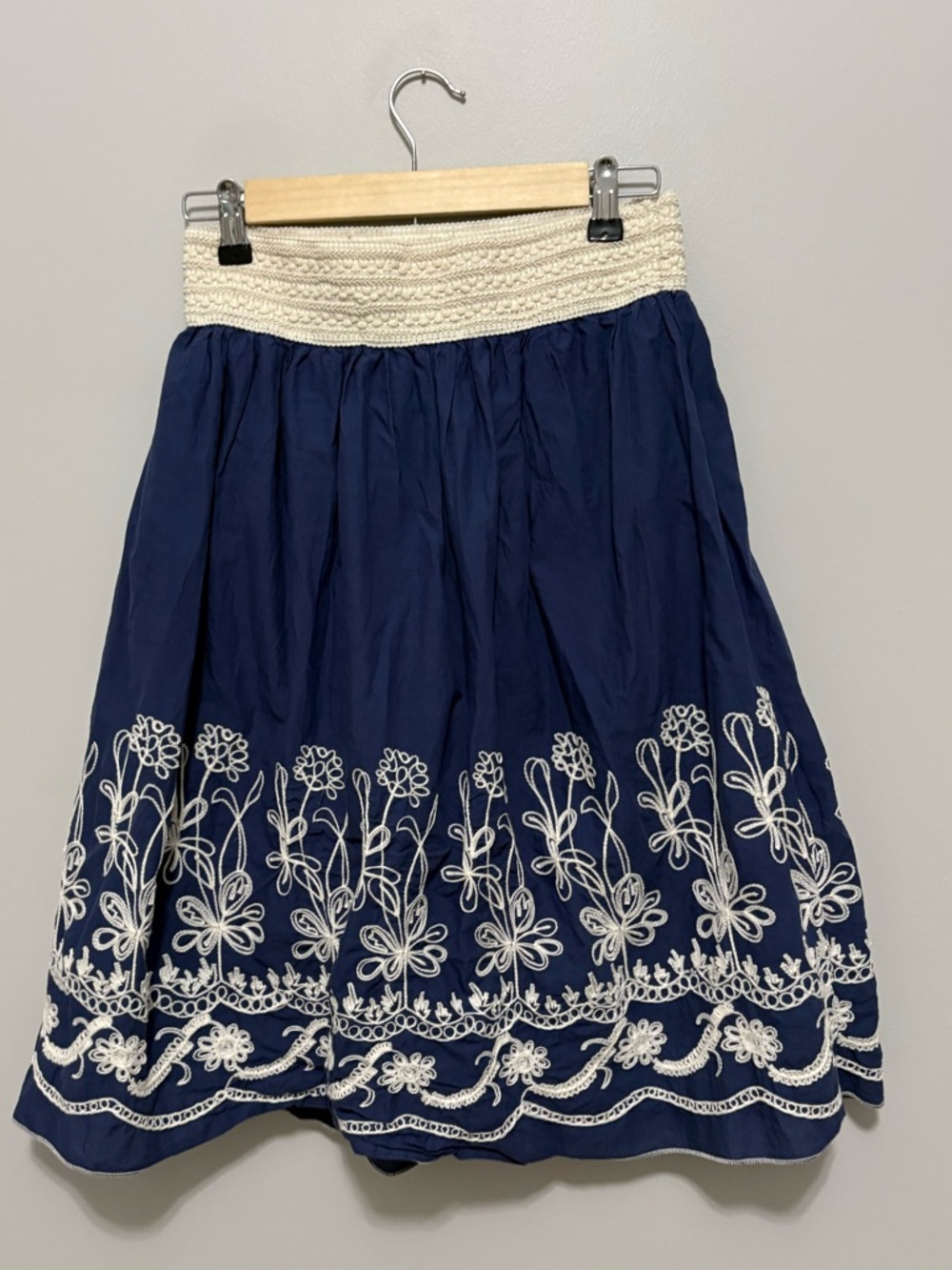 Boho Indie Hippie Fairycore Cotton Navy Embroidered A-Line Skirt Cream Waistband